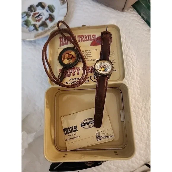 Roy Rogers Leather Fossil Watch Bolo Small Tin Lunch Snack Box Authentic